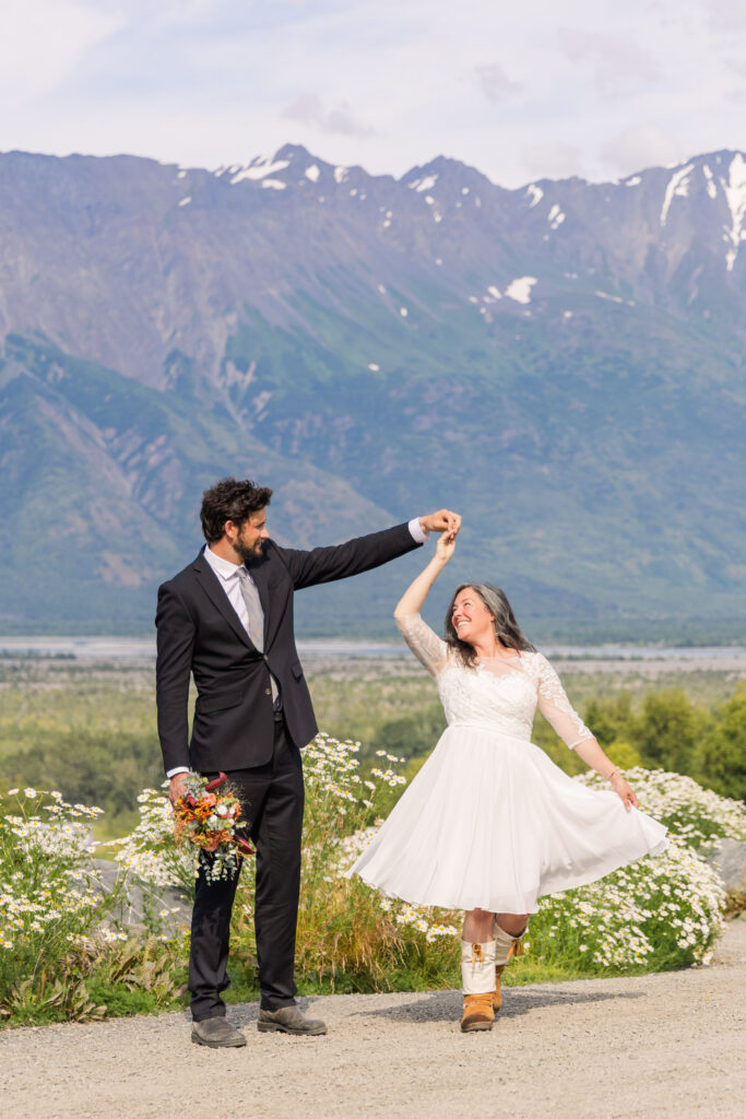 Bride and groom portraits after Alaska elopement ceremony in the mountains