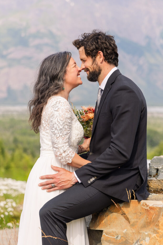 Bride and groom portraits after Alaska elopement ceremony in the mountains