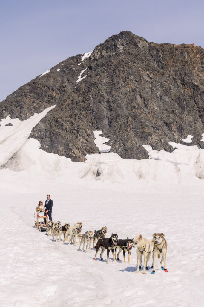Bride and groom with dogsled husky team during Alaska dogsledding elopement on glacier