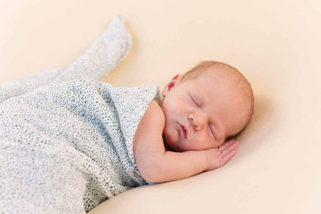 newborn studio session with baby curled up sleeping on hands