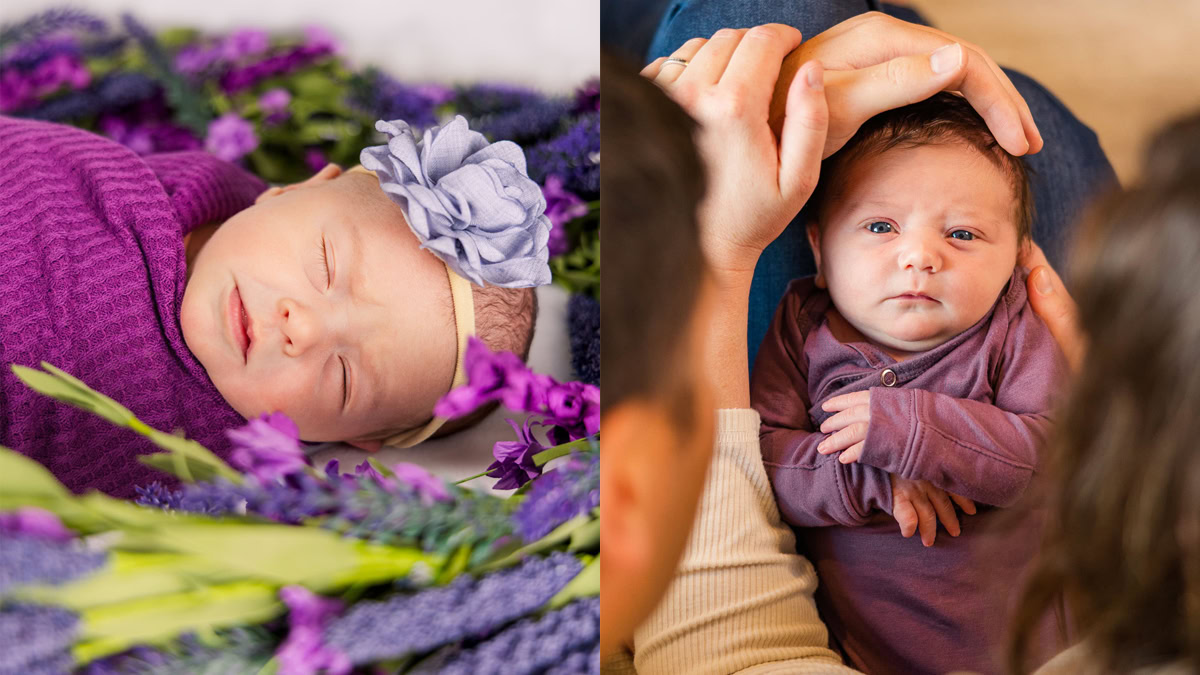 side-by-side comparison of studio newborn photos versus lifestyle newborn photos