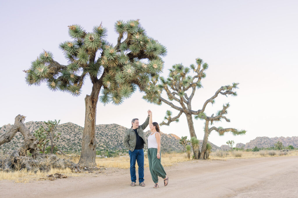 David and Lisa posing together among Joshua trees and desert mountains near Pioneertown, California.